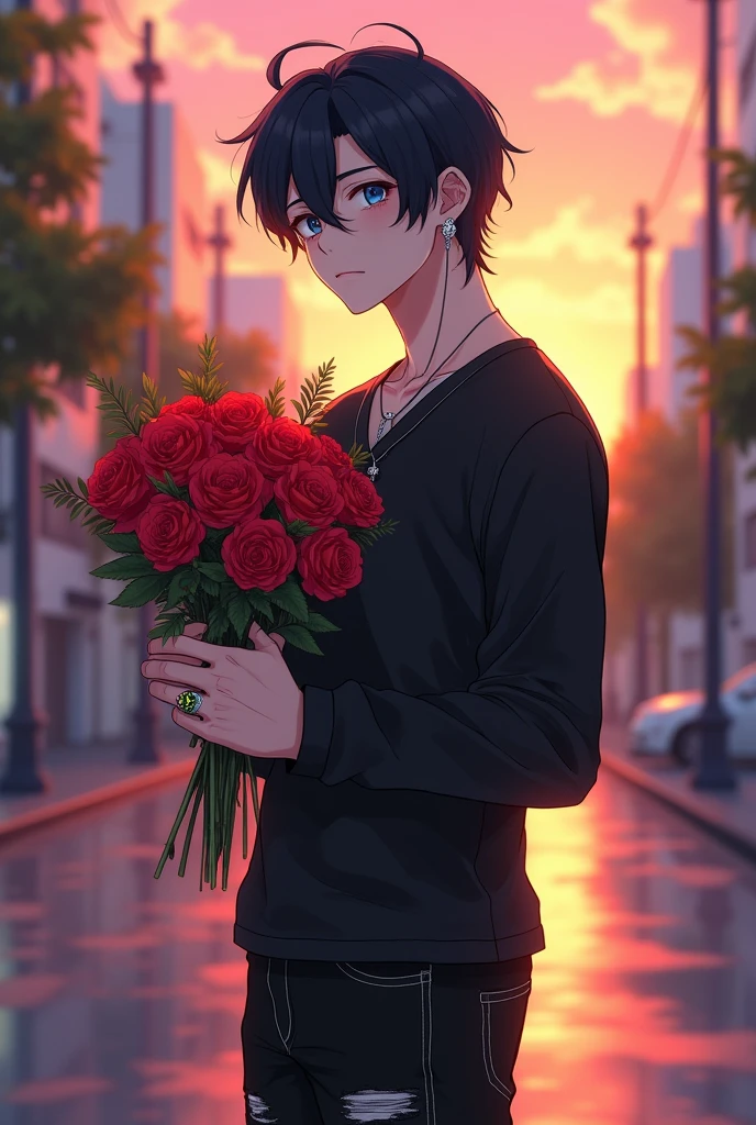 Make my boyfriend jealous, with white skin, 6'6" tall, very strong, with medium length black hair in a fade style, wearing a black long-sleeved shirt with a V-neck and ripped black jeans, black and white sneakers, a black dragon necklace and white earrings.  He has large hands with long fingers and a serpent ring. His eyes are blue, his eyebrows are well-defined, and his face is well-defined. He is blushing and will be standing sideways holding a bouquet of red flowers, with no beard. In the anime style.