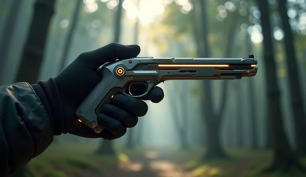 futuristic tool grasped by a hand , blurred forest background
