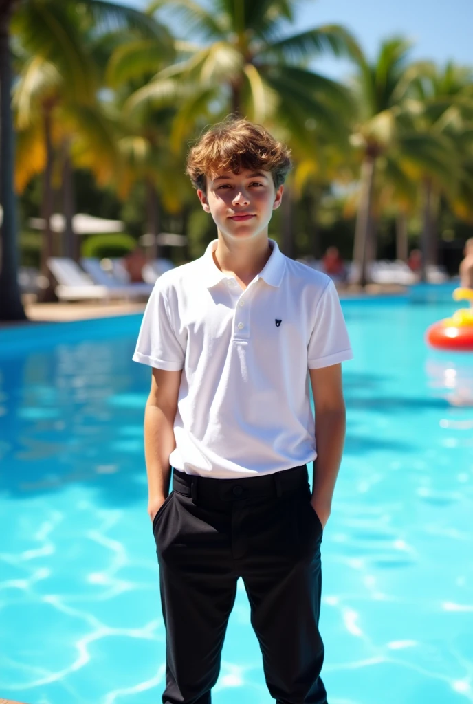 Male Teen in white polo tucked in black trousers swimming 