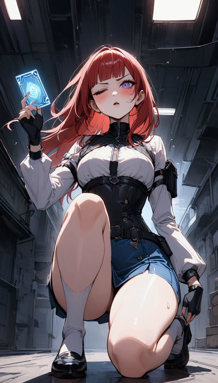{{from side:1.6}},,crouching squatting,{{raise one's knees:1.6}},one knees to chest,{{Grit your teeth:1.4}},{{cardfight:1.6}},Hold up a futuristic card.{{hold down one's stomach with one's hands:1.6}},stand pain well,{{Grit your teeth:1.4}},one eye closed,{{{Cyberpunk style}},from below,dutch angle,{{masterpiece}}, {{{Highest quality}}},{{Very detailed}},{{Female futuristic card duelist with model body}},{{standing on one knee:1.6}}{{knee up:1.6}},{{Model-like body type:1.6}},{{Cyberpunk style card duelist}},{{critical situation:1.6}},{{cardfighting stance:1.6}},Beautiful thighs,1girl,30years old,{Mature Woman}},{{Very slender legs:1.4}},skinny,Very thin legs,White high socks,{{Blue mini skirt:1.2}},White long-sleeved blouse,BLUE fingerless gloves,holster,{{Grit your teeth:1.4}},,{{v-shaped eyebrows}},Bad mood,blush,Sweat,raise one's eyebrows ,{{}}、straight hair,{long red hair }},blunt bangs.abdominal pain ,{{pain}}, ,Inside the stadium