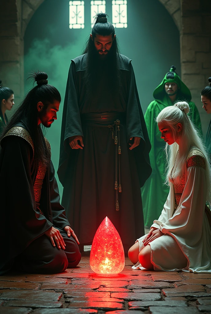 make 4 students kneel , He will be a tall man with long black samurai-style hair, a man with short, combed white hair , a white haired woman, and a green humanoid being with a green aura , green fire , all in medieval style student clothing in black and white and a green tunic , receiving a red crystal