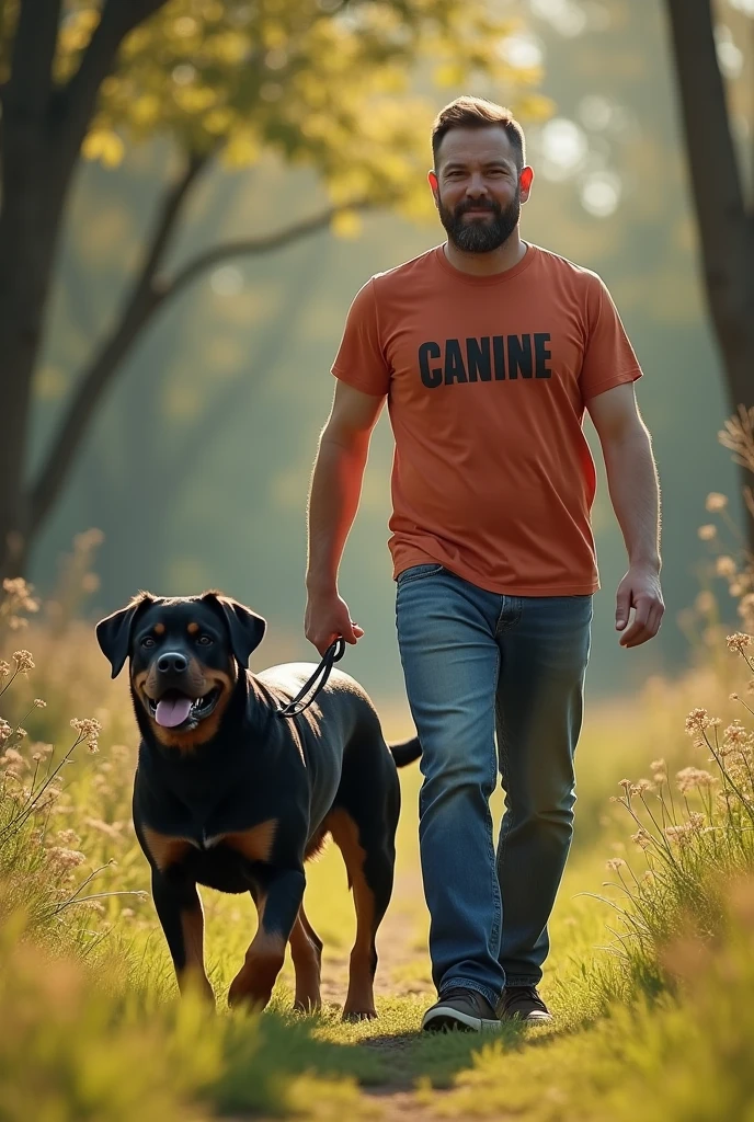 Detailed depiction of a man walking a Rottweiler。Detailed depiction of nature。All live-action。The man in the photo is wearing a T-shirt that says Canine。Poster for a high-end brand。