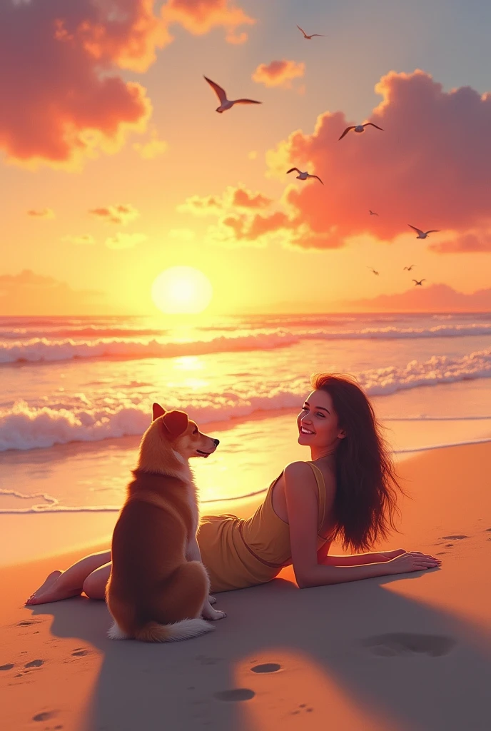 Create a tranquil sunset scene at the beach. In the foreground, a young adult woman is lying on her stomach on the sand, wearing light summer clothing that modestly covers her intimate areas and chest. She has a serene and relaxed expression. Next to her, a medium-sized dog is either lying down or sitting, both facing the ocean. The warm, golden light of the setting sun illuminates the scene, casting long shadows across the sand. The overall atmosphere should convey peace and tranquility, highlighting the connection between the woman, the dog, and the beauty of the moment.