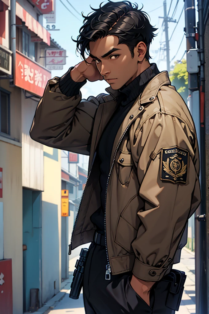 a man with black skin, short black hair and brown eyes wearing detective clothes