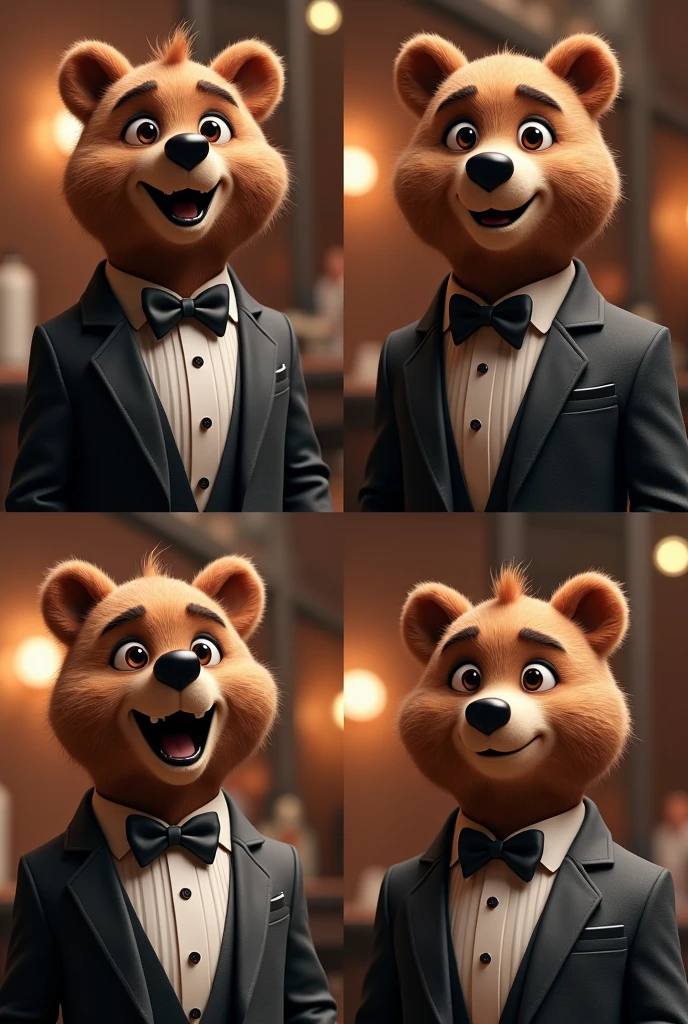 GENERATE AN AVATAR WITH DIFFERENT EXPRESSIONS, MEANING LAUGHING, HAPPY, ETC..In 4 frames and make it realistic animated . Let it be a bear wearing an elegant suit