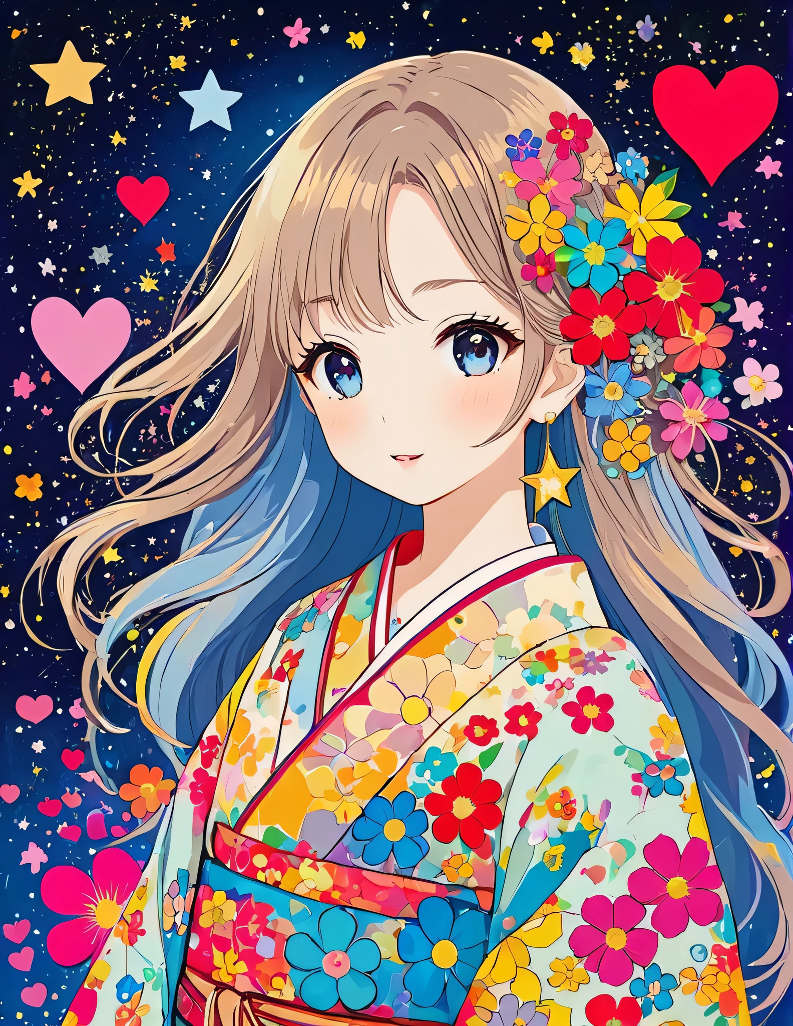 Takashi Murakami style, Simple Line Initialism,Abstract art,Kawaii Design, The most beautiful girl of all time, The background is star dust, colorful hearts, colorful flowers,