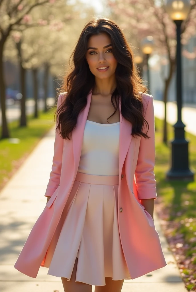 Woman with dark wavy hair like the sea, brown eyes, white skin, and a clean, smooth face.
She's wearing a pink jacket, a white top, and a skirt that sways on her white thighs, along with white shoes.
Her skin is white and flawless.