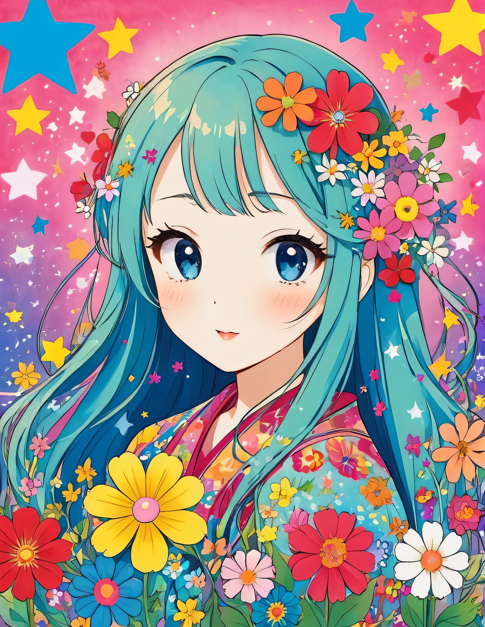 Takashi Murakami style, Simple Line Initialism,Abstract art,Kawaii Design, The most beautiful girl of all time, The background is star dust, colorful hearts, colorful flowers,