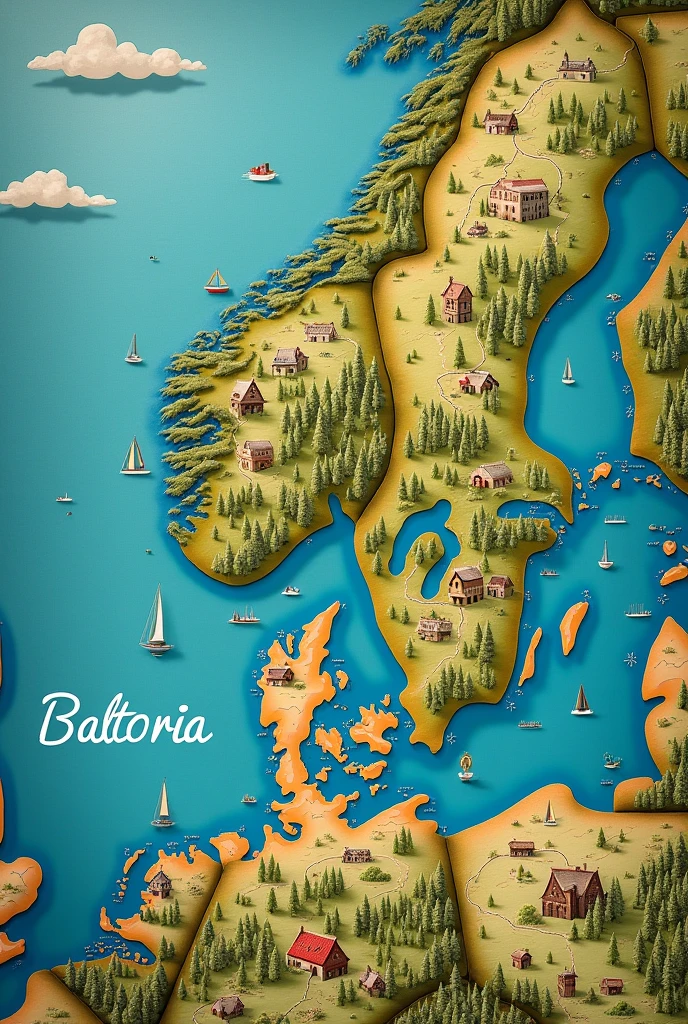 Make me a map of Europe with an invented country that is located on the Baltic Sea and the entire Gulf of Bothnia.