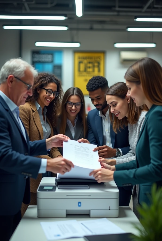 Team of employees printing contracts on the printer