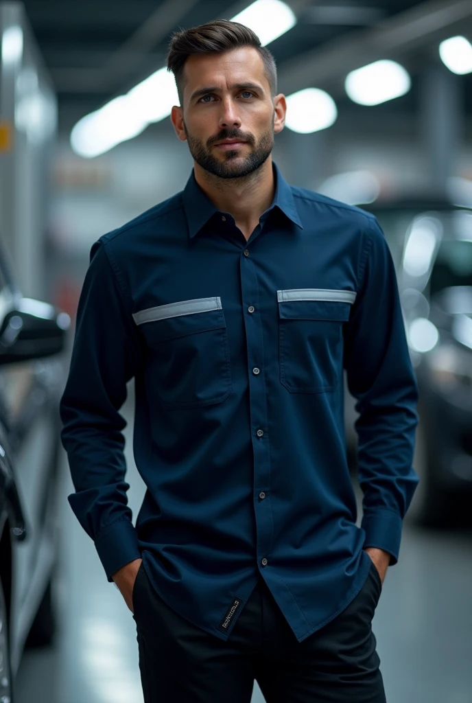 A sober and elegant shirt for an automotive spare parts company, Dark blue to the shoulders, a grey line and then a light blue line until the shirt is finished