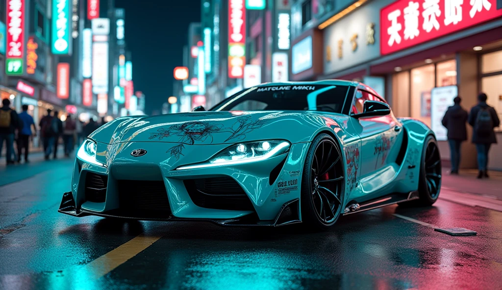 an ecchi car, a car with body painted with Hatsune Miku, Japanses car, futuristic, vibrant neon light, car light up, Akihabara night street, photorealistic, night view photo