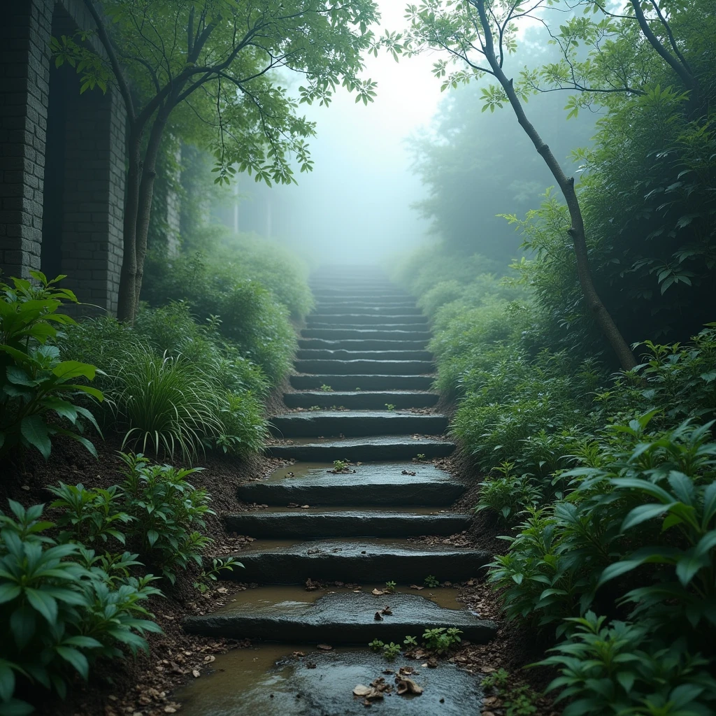 In the garden、There are stairs leading to heaven.。The stairs stretching into the sky disappear into the mist.。The stairs lead to the sky, independent of the terrain.。
The steps are located right outside the back door of the house。
The old wooden and stone steps are shrouded in mist.。
apparently sweet music and scents drift up the stairs。but、you should never go up。Because they say it leads to another world or dimension.。