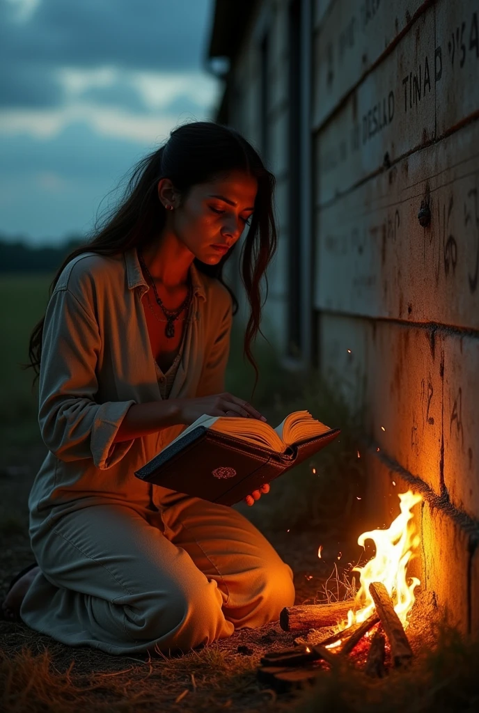 Woman praying crying fire wall bible background plantation