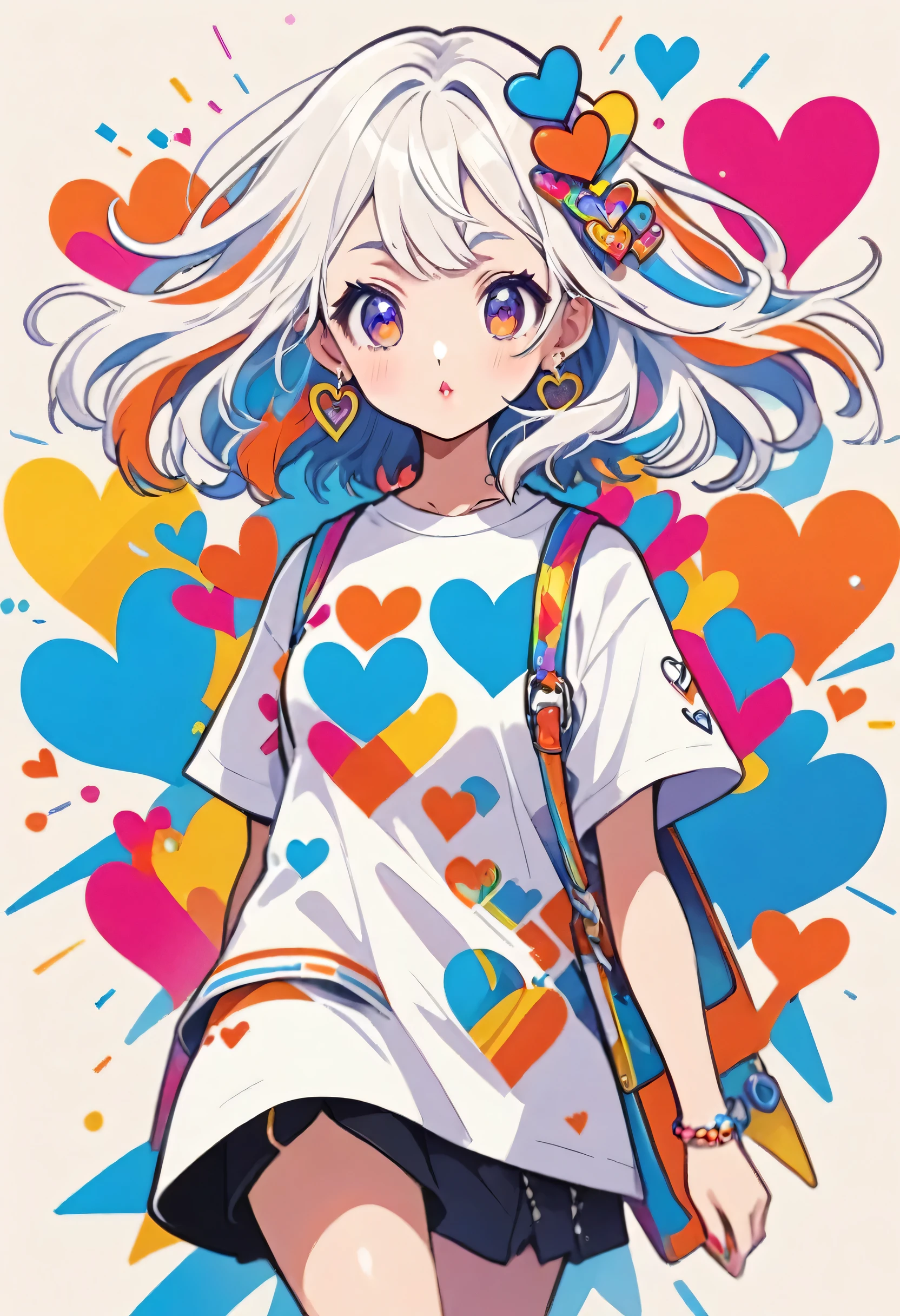 Ultra-realism Micho colorful style, Simple Line Initialism，Abstract art，(((The most beautiful girl of all time))), Sweet face. Lips in love, colorful hearts, stylish design, 夏のオシャレなTシャツ, 黒い瞳, walking, Hermes