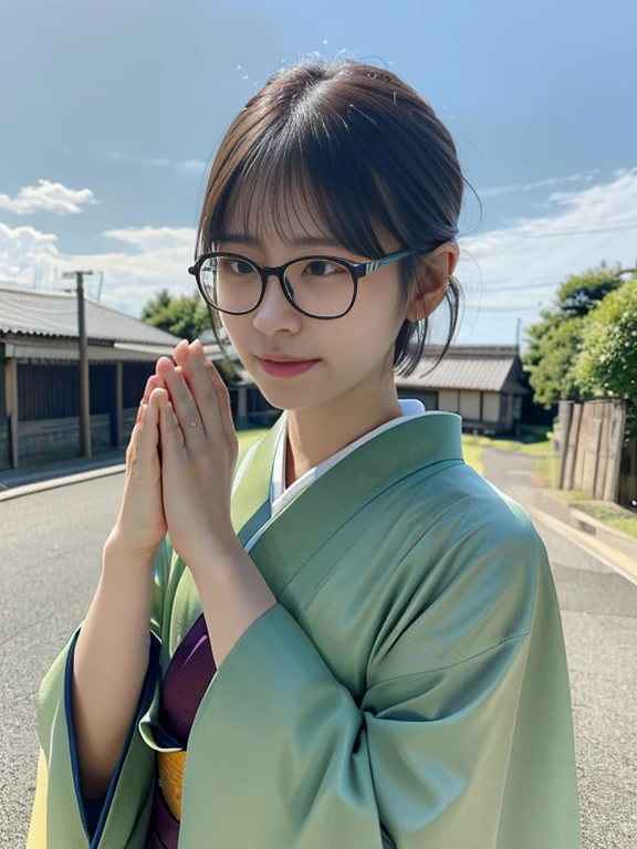 (A woman wearing a beautiful, vibrant green kimono、Close-up portrait of a woman with short hair and blunt bangs wearing glasses:1.5)、(A woman praying with her eyes open in a rural area of Osaka:1.5)、(The Japanese business district with a winter sky spreading out:1.5)、(Perfect Anatomy:1.3)、(No mask:1.3)、(Full Finger:1.3)、Age 35、Slightly upturned、Married Woman Style、cute、Realistic、photograph、Tabletop、Highest quality、High resolution, Delicate and beautiful、Perfect Face、Beautiful attention to detail、Fair skin、Real human skin、pores、((Thin legs))、(Brown Hair)、(zoom)
