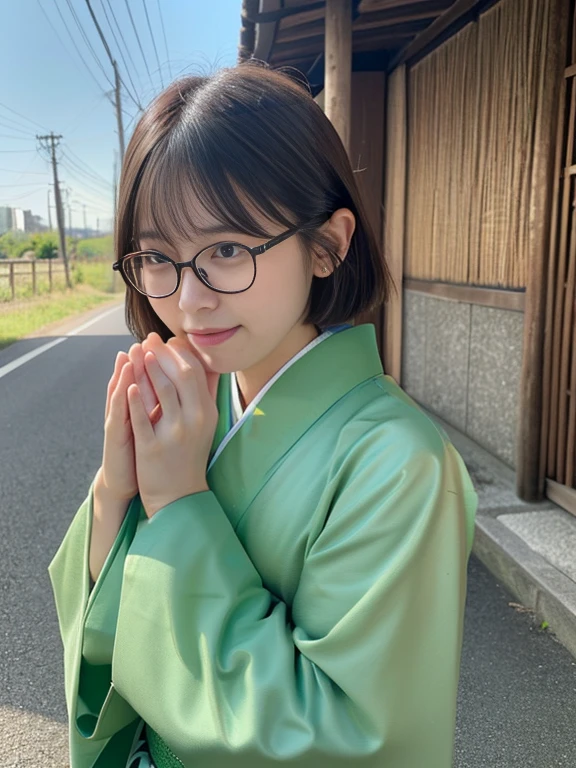 (A woman wearing a beautiful, vibrant green kimono、Close-up portrait of a woman with short hair and blunt bangs wearing glasses:1.5)、(A woman praying with her eyes open in a rural area of Osaka:1.5)、(The Japanese business district with a winter sky spreading out:1.5)、(Perfect Anatomy:1.3)、(No mask:1.3)、(Full Finger:1.3)、Age 35、Slightly upturned、Married Woman Style、cute、Realistic、photograph、Tabletop、Highest quality、High resolution, Delicate and beautiful、Perfect Face、Beautiful attention to detail、Fair skin、Real human skin、pores、((Thin legs))、(Brown Hair)、(zoom)