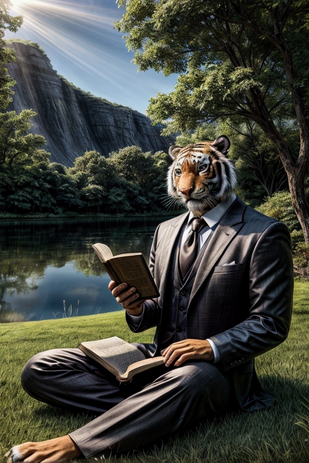 Tiger wearing a black suit and tie sitting on a lawn facing a lake reading the Bible