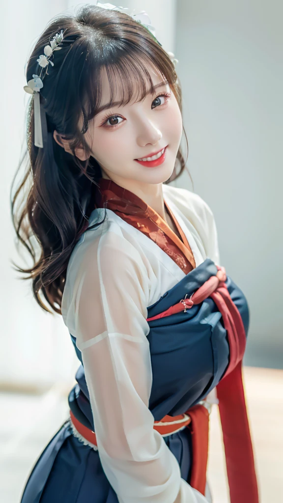 (8k, raw, masterpiece: 1.5), (professional photograph, sharp: 1.2), (natural sun light), (soft shadow), (photorealistic: 1.4), perfect dynamic composition, (((white screen background))), (1 girl), (Ultra-detailed face and skin), gorgeous face, perfectly proportioned face, dark brown eyes, round eyes, beautiful eyes, glossy eyes, high nose bridge, blush, small lips, really moist skin, white skin, (delicate skin:1.4), (latex skin:0.4), (perfect glowing skin:0.6), (((black long curly hair, bangs))), (slim body: 1.5), (huge breasts: 1.2), ((huge smile at the camera)), looking at camera, ((dark blue and red hanfu)),