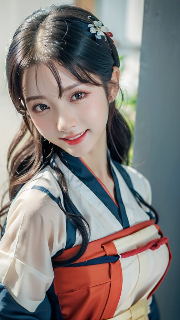 (8k, raw, masterpiece: 1.5), (professional photograph, sharp: 1.2), (natural sun light), (soft shadow), (photorealistic: 1.4), perfect dynamic composition, (((white screen background))), (1 girl), (Ultra-detailed face and skin), gorgeous face, perfectly proportioned face, dark brown eyes, round eyes, beautiful eyes, glossy eyes, high nose bridge, blush, small lips, really moist skin, white skin, (delicate skin:1.4), (latex skin:0.4), (perfect glowing skin:0.6), (((black long curly hair, bangs))), (slim body: 1.5), (huge breasts: 1.2), ((huge smile at the camera)), looking at camera, ((dark blue and red hanfu)),