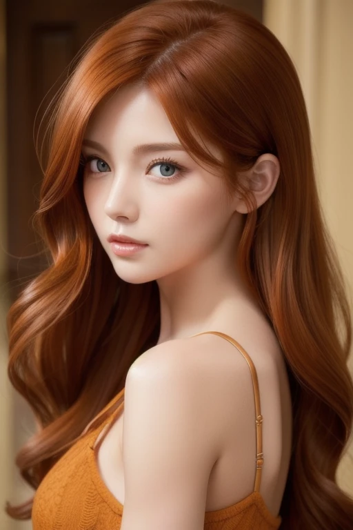 female, solo, wavy shoulder-length auburn hair, large amber eyes, toned physique, female, red-hair