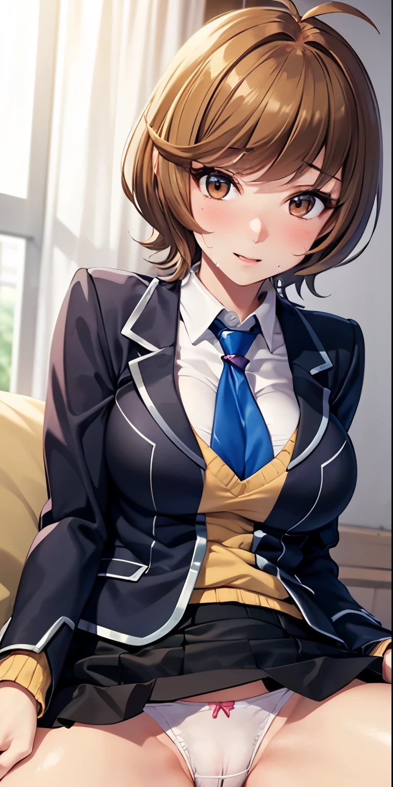 1 Female,High definition,high resolution,Ultra-realistic,8K, hmza, short hair, antenna hair, brown eyes, , blue necktie, (black jacket), yellow shirt,long sleeves,( black skirt),tight skirt , miniskirt,European,sexy,Upper body close-up,Photographed from the front,Dynamic Angles,blush, (big tits  ), happy, wink the eye,facial, sweat ,(wide thighs:1.4),(white panties),(show panties),(pubic hair),(cameltoe),(sitting),(spread legs)