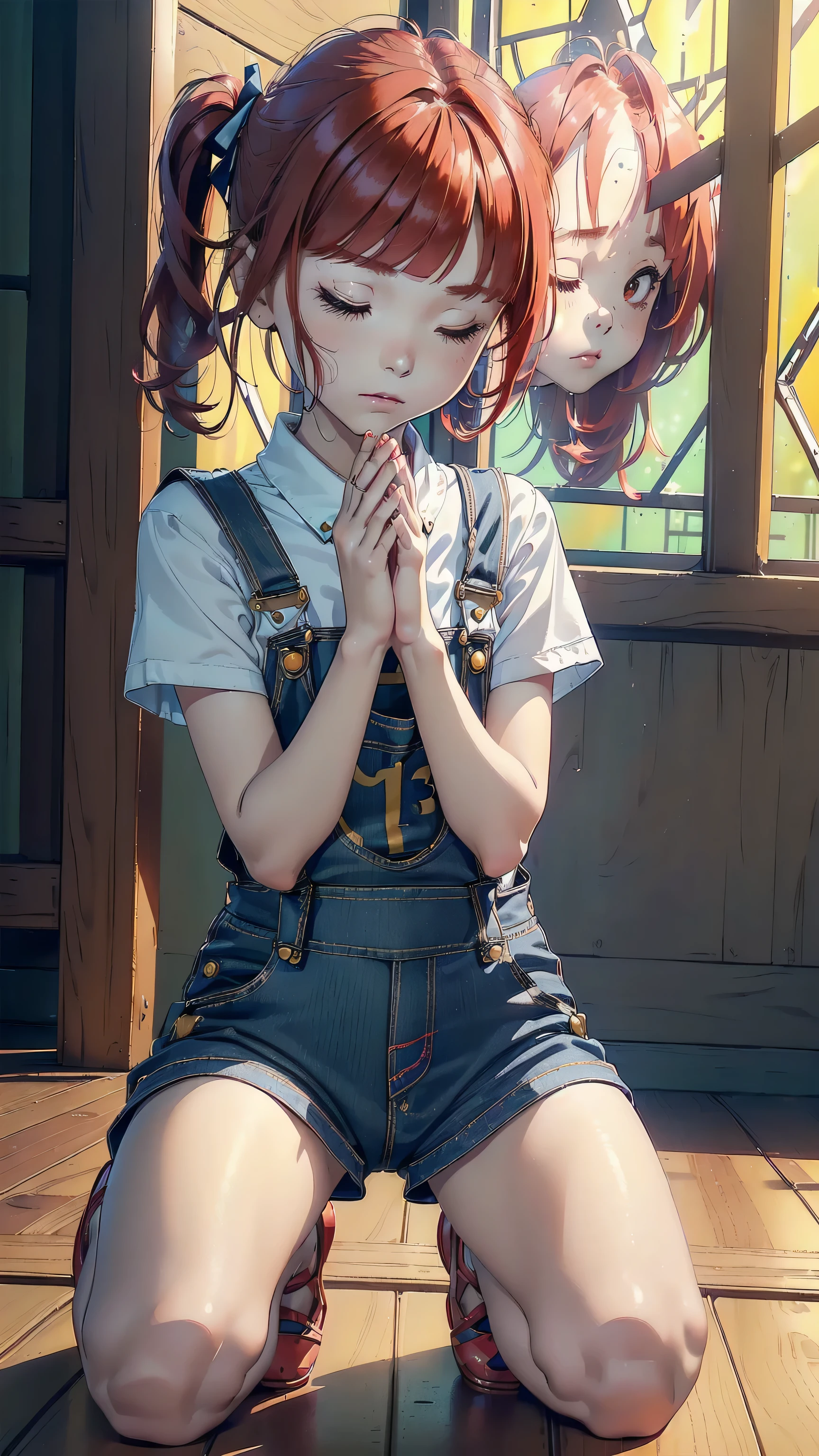 ((top quality, ultra-detailed, high resolution, extremely detailed CG, unity 8k wallpaper, by famous artist, perfect anatomy, super detailed skin, cinematic lighting, UHD, retina, anatomically correct, 1080P)), (Please draw a single one girl praying to God in a Christian church:1.3), ((1girl)), (Solo, face,13-year-old:2.0), a junior high school student, ((cute petit girl, chibi, babyface)) androgynous charm, (Medium hair, ((full red hair)) ((redhead)), pigtails, straight bangs, with a bow in her hair, ((very thin legs)), ((skinny legs, thin body, small build)), Full limbs, complete fingers, ((perfect fingers and hands)), flat chest, small breasts, childish body, small butt, groin, Beautiful detailed full yellow gold eyes, perfect eyes, ((overalls, blouse under overalls)) (Detailed Lighting), (christian church background)), (Detailed scenary background), (praying to God)), full body view, Cute, kawaii single girl (one girl), full body shot, ((little young 13 years old body:1.3)), ((kneeling with eyes closed and hands as a sign of prayers:1.3)), ((long skirt)), ((shoes)), ((hands praying)), ((five fingers for each hand:1.3)), ((red hair girl:1.3)), ((straight bangs:1.3)), ((inocent tender girl:1.3))