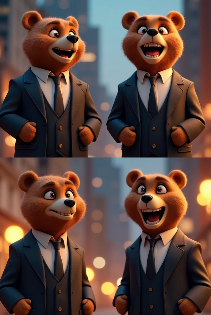 GENERATE AN AVATAR WITH DIFFERENT EXPRESSIONS, THAT IS, LAUGHING, happy , angry,etc.In 4 frames and make it realistic animated  . Let it be a bear wearing an elegant suit
