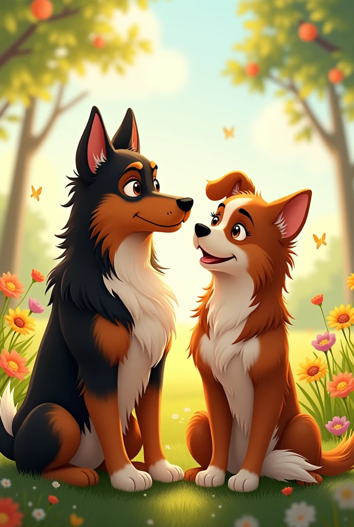 One male and one female Australian Shepard crossed with German Shepard dogs, they are brown and black, animated picture of them sitting together together