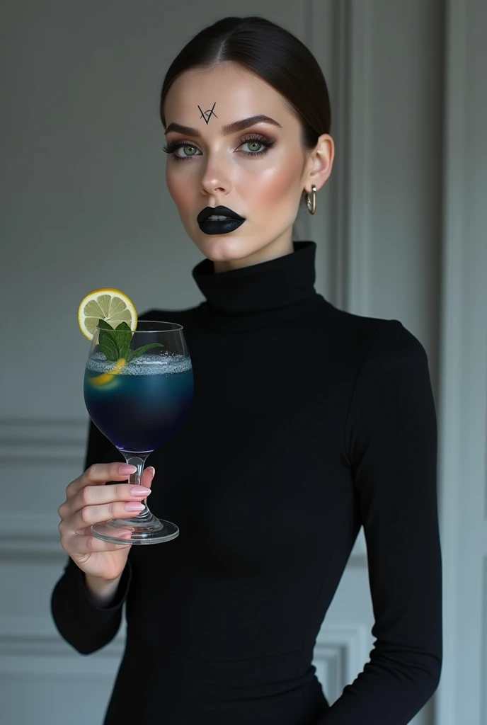 a woman with very delicate features, but at the same time austere and closed. slightly long nose, very thin lips, focus from the waist up, she is wearing a chromatic garment that covers her up to the neck. very minimalist earrings. she holds a glass with a navy blue drink and a slice of lemon. on her forehead is tattooed the words: Venus in Virgo. the very cold and gray scenery. nails and black lipstick. and eyes outlined in black
