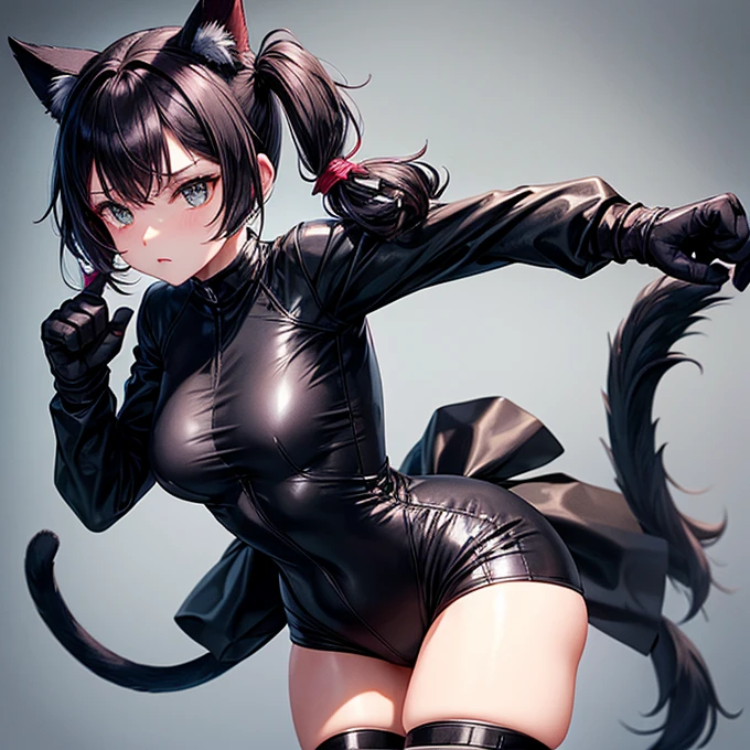 she is wearing black clothes, High Cut Bodysuit.Woman doing a high kick It has cat ears and a tail.. Twin tails Open Finger Gloves