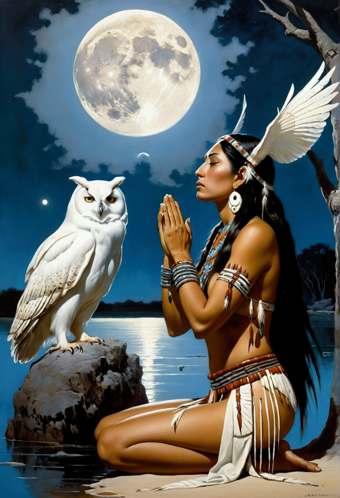 A beautiful American Indian shaman woman with a perfect body in prayer with a white owl on her shoulder on the shore of a beautiful lagoon and with the moon high above. Frazetta art.