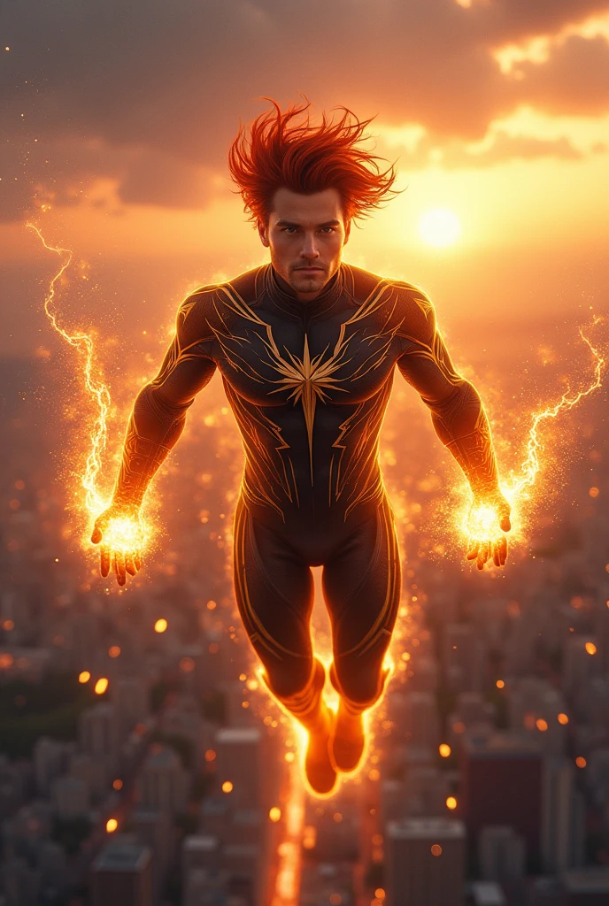 Create a person with the power of flight and flames in his hands 
