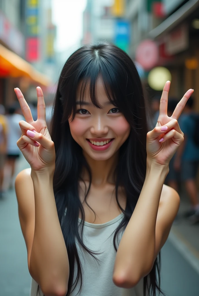 (highest quality,Cowboy shot:1.2),background blur,at crowded City alley,,(perfect beautiful face:1.2),(perfect and beautiful posture:1.2),(Solo, young Japanese girl ),(confused:1.3,embarrassed), shyness:1.1), black hair,(Sweaty, sunburned skin),((crying:1.3)),((fake smile,constricted pupils:1.3,tears)),arms up,((double Peace sign:1.5))