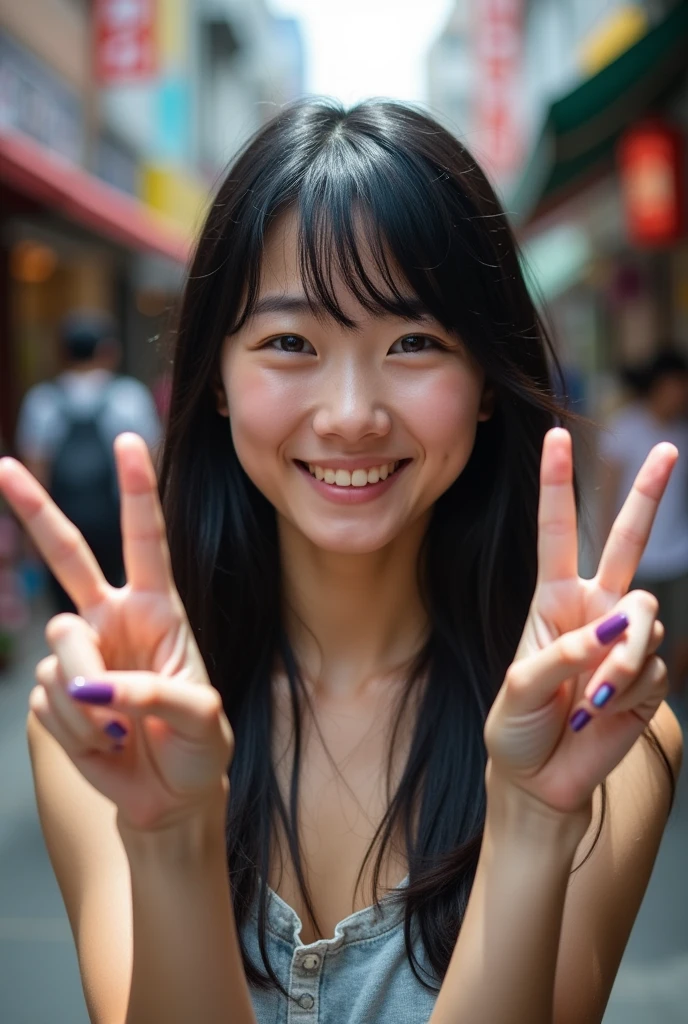 (highest quality,Cowboy shot:1.2),background blur,at crowded City alley,,(perfect beautiful face:1.2),(perfect and beautiful posture:1.2),(Solo, young Japanese girl ),(confused:1.3,embarrassed), shyness:1.1), black hair,(Sweaty, sunburned skin),((crying:1.3)),((fake smile,constricted pupils:1.3,tears)),arms up,((double Peace sign:1.5))