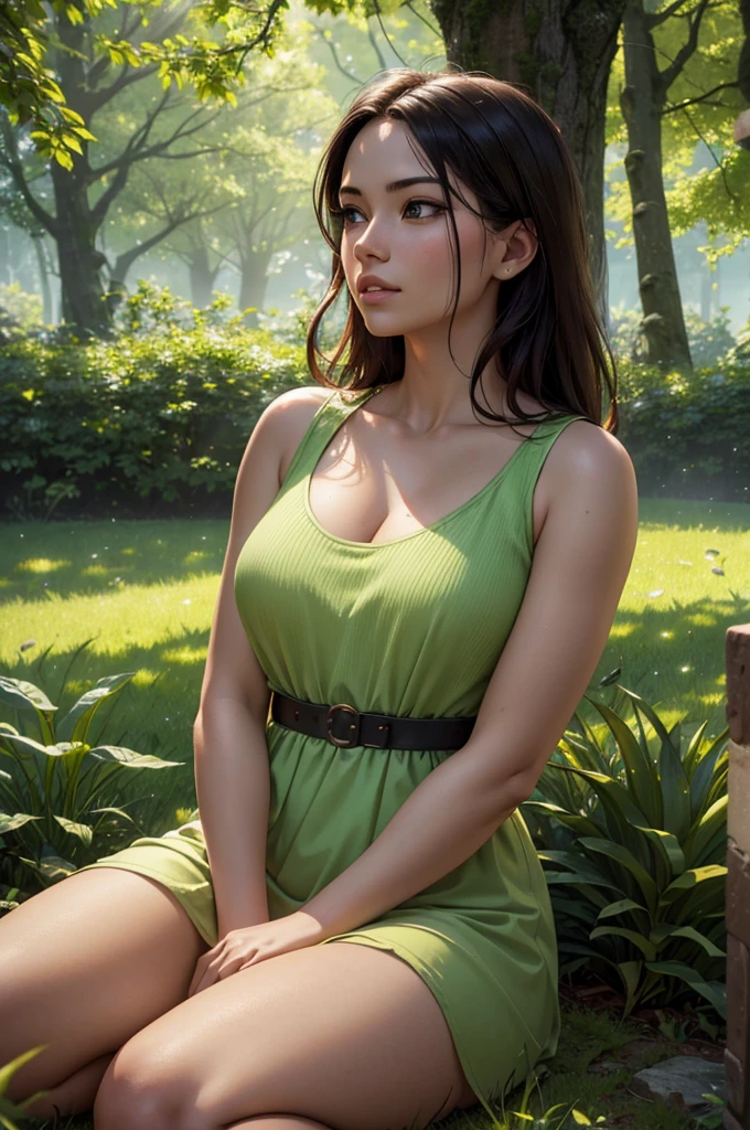 a bed of lush green grass, sunlight filtering through a canopy of vibrant green leaves above, serene and peaceful atmosphere, (best quality,4k,8k,highres,masterpiece:1.2),ultra-detailed,(realistic,photorealistic,photo-realistic:1.37),HDR,UHD,studio lighting,extreme detail description,professional,vivid colors,landscape,natural lighting,warm tones,golden hour