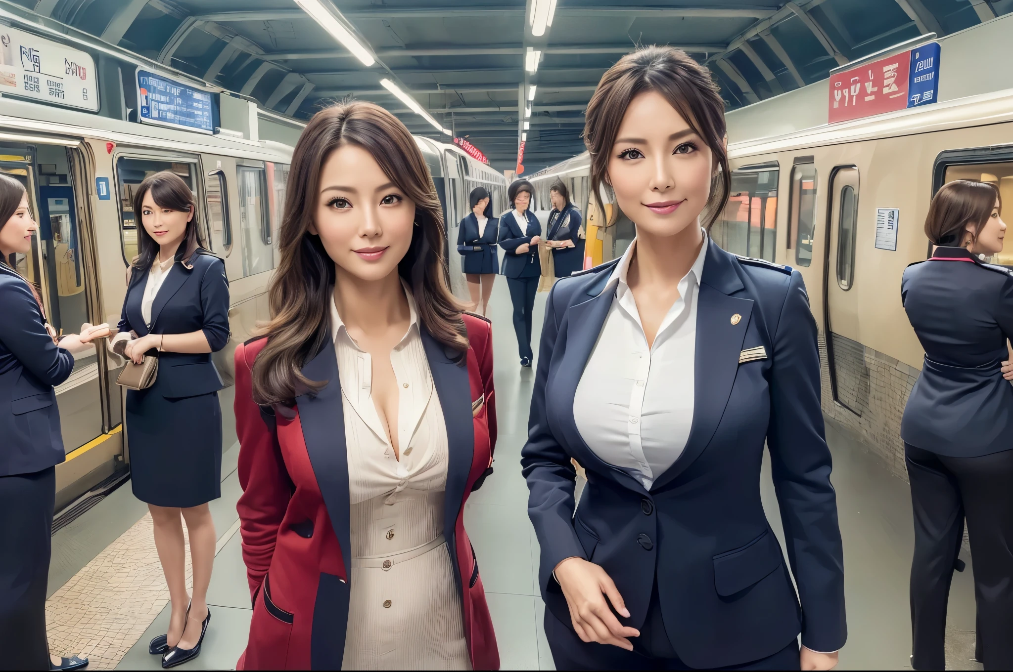 ((2Womans:1.5)),(RAW Photo, Best Quality),(Realistic,Photo Realistic:1.3),Best Quality,Highly Detailed,Masterpiece, Ultra Detailed,Extremely Detailed CG Unified 8k Wallpaper,World Mastery Theater,Best Quality,Movie Lights,hi-res screenshot,Detailed Face,beautiful fine face,extremely beautiful face,Miss Japan,anatomically correct,beautiful row of teeth,beautiful fingers,full body,Looking at Viewer,Celebrities,Station Staff,Japanese Mature,50 year old mature woman,Actress face,Beautiful breasts,large breasts,large ass,Thighs,chubby body,((railway company Uniform,Uniform Dress)),((inside the station,standing pose,two people standing side by side,Half smile,Natural lighting:1.3)),((No text))
