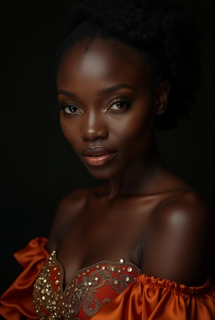 a panties girl, a sexy older ebony milf woman, extremely detailed eyes and face, long eyelashes, beautiful detailed lips, intricate detailed dress, (best quality,4k,8k,highres,masterpiece:1.2),ultra-detailed,(realistic,photorealistic,photo-realistic:1.37),highly detailed, dark moody lighting, dramatic lighting, cinematic lighting, chiaroscuro lighting, oil painting, digital painting