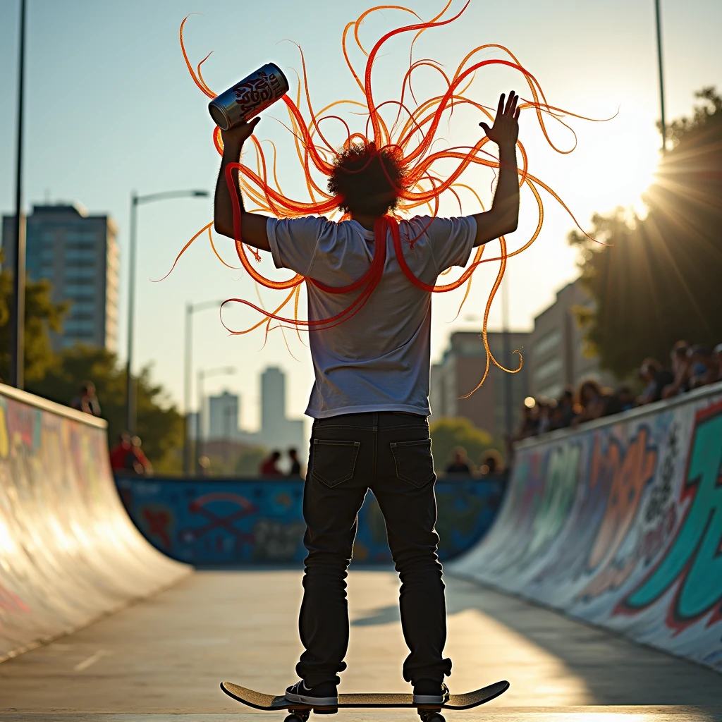 Skateboarder man from behind with arms raised with a can of tentacles in his hand