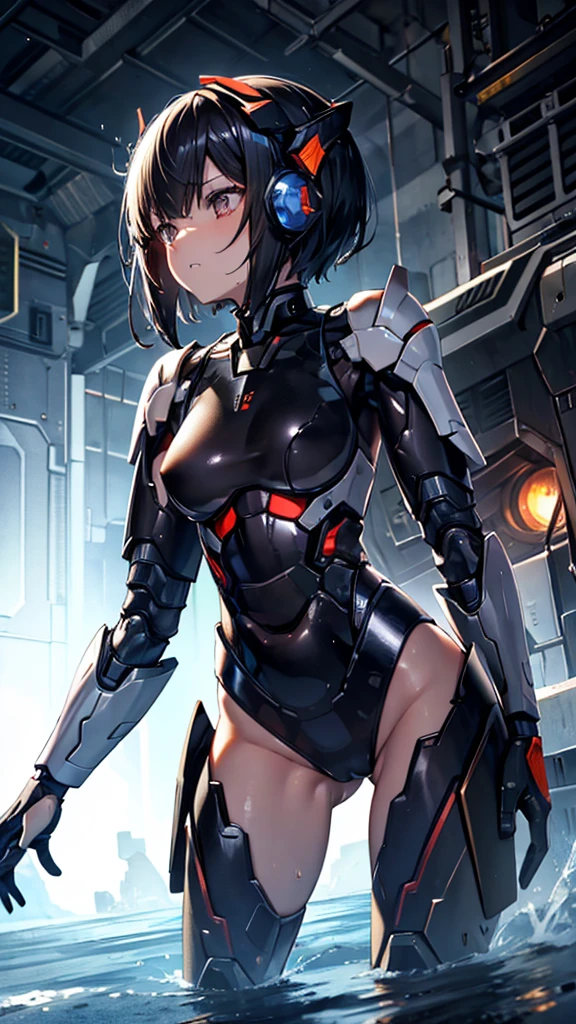 Textured skin, Very detailed, Attention to detail, high quality, 最high quality, High resolution, 1080P, hard disk, beautiful,(War Machine),beautifulサイボーグ女性,Mecha Cyborg Girl,BATTLE MODE,Girl with a mechanical body Black Hair Short Hair Boyish Sweaty and wet face The change is over Met Off Steam coming from the head Steam coming out of the whole body Painful expression Please open your mouth wide Snug-fitting headgear Black Inner Suit Rear view