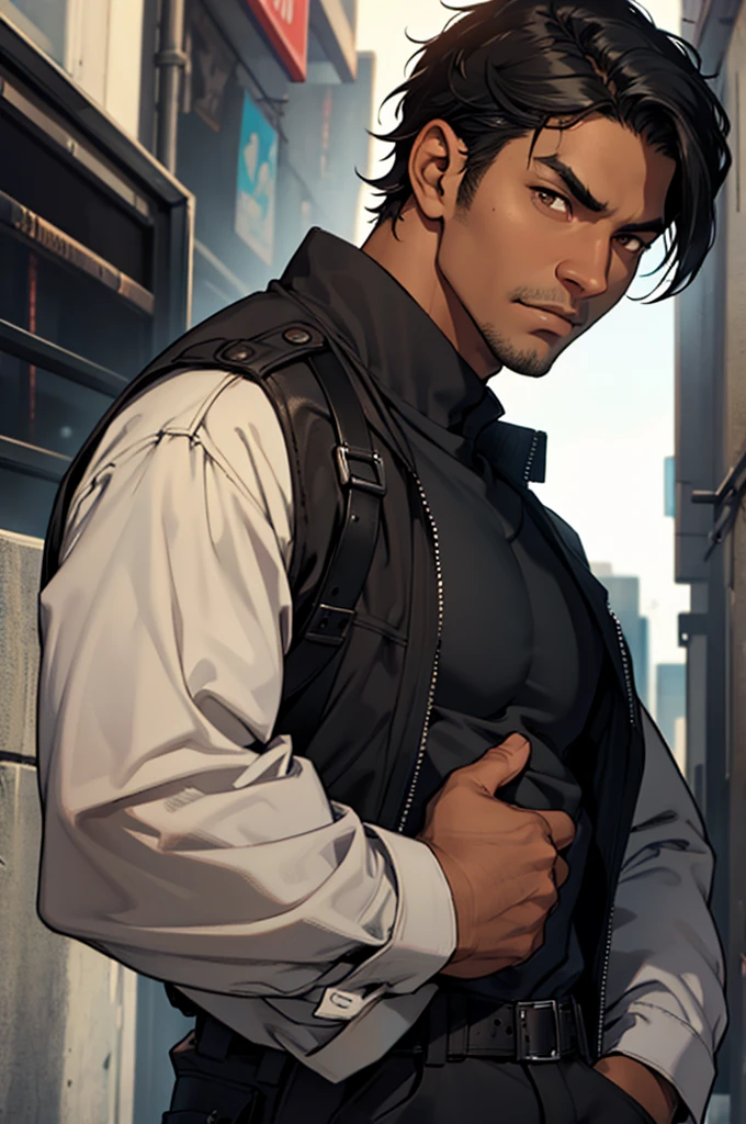 a man with black skin and faded short black hair and brown eyes wearing detective clothes