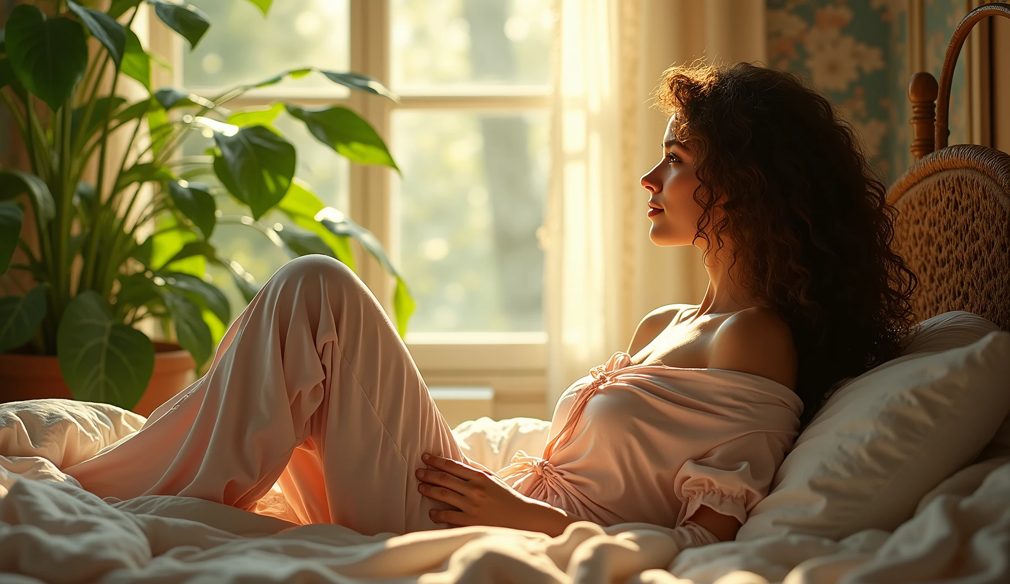(photorealism:1.2), beautiful woman, sitting on bed, wearing loose off-shoulder top, pajama pants, long curly hair, indoors, soft lighting, plants in background, window with sunlight, cozy room, relaxed pose, realistic, intricate details, warm colors, by Greg Rutkowski, by Alphonse Mucha