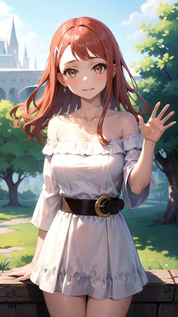 masterpiece, best quality, highres, 1girl, anjou naruko, hairclip, large breasts, white dress, off shoulder, belt, long hair, hair_down, outdoors, cowboy shot, waving