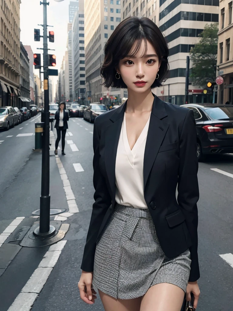 (full body shot), (whole body shot), (very huge round tits), (full legs), absurdres, RAW photo, extremely delicate and beautiful, masterpiece, Best Quality, ultra high resolution, 32k, hyper realistic, ultra-detailed, Very detailed CG 8k wallpaper, detailed background, landscape, Beautiful Lighting, Perfect Lightning, Realistic Shadows, perfect anatomy, anatomically correct, ideal ratio body proportions, perfect figure, Perfect Style, Perfect balance, super Detailed skin, in her 30s, very Slim body, narrow waist, very small head, very small face, delicate facial features, handsome detailed woman, very detailed eyes and face, realistic face proportions, Realistic beautiful face, Realistic beautiful eyes, tearful mole, earring, medium short hair, asymmetrical hair, wavy hair, outdoor, business suit, blazer, skirt, blouse,