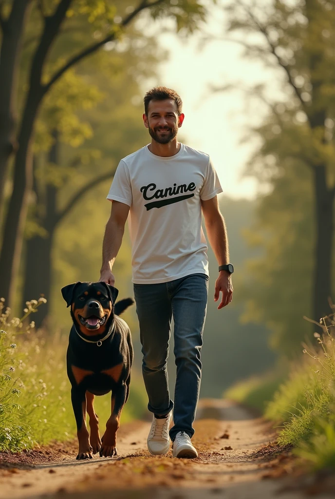 Detailed depiction of a man walking a Rottweiler。Detailed depiction of nature。All live-action。The man in the photo is wearing a T-shirt that says Canine。Poster for a high-end brand。Rottweiler and a man are facing this way。Expressing luxury and hope。Wearing a cap that says Canine