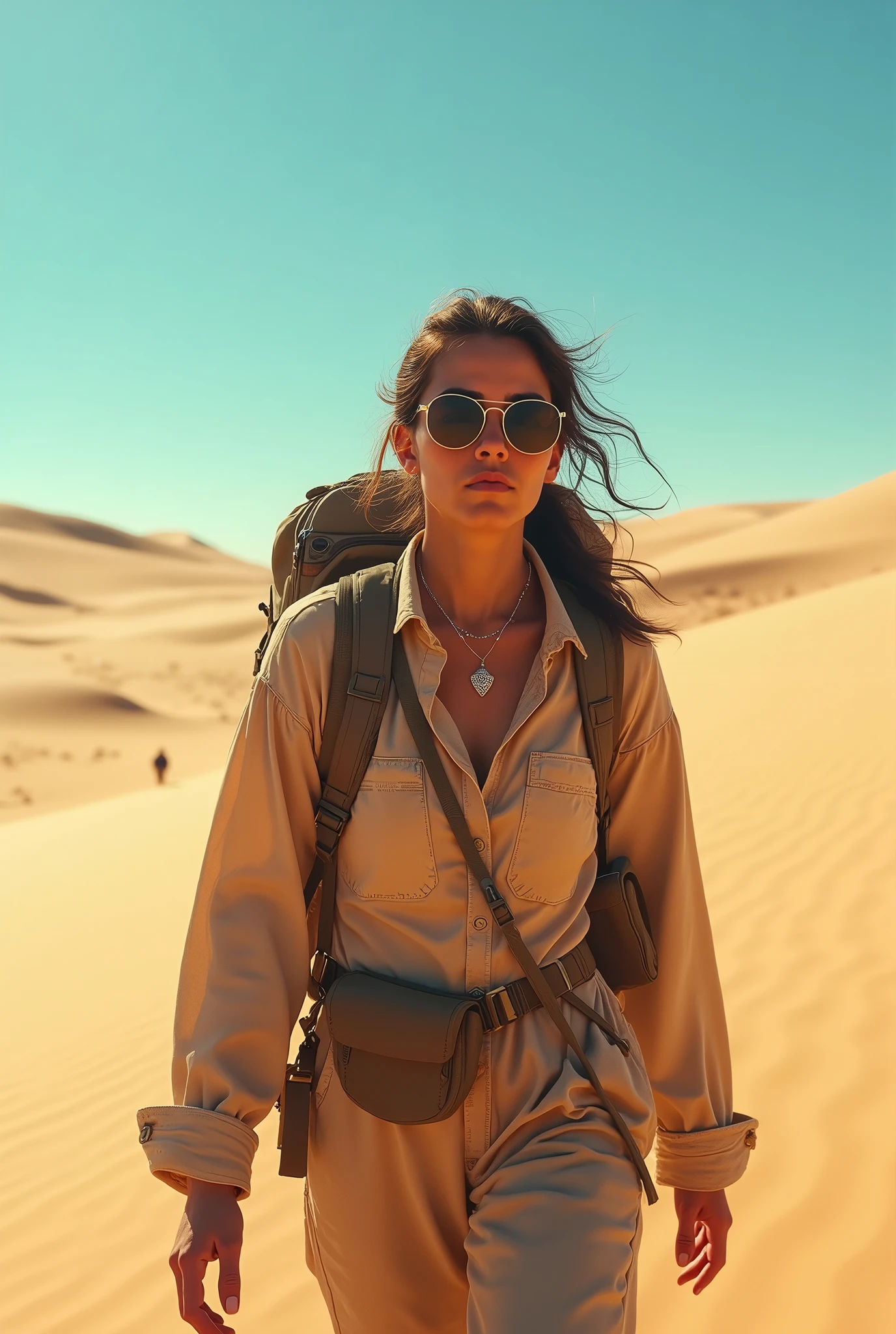 ((best qualityer)), ((work of art)), ((realisitic)), ((best qualityer)), ((work of art)), ((realisitic)),  walking in the desert, looking tired, wear loose clothing Long-sleeved shirts and pants, harness, oculos de sol, Very beauthful, in a natural and casual style at eye level, scenic, work of art, (high resolution), original, extremely detalheed 8K , (photorealisitic:1.4),flawless face, perfects eyes,symmetrical body shape,ssmile, 