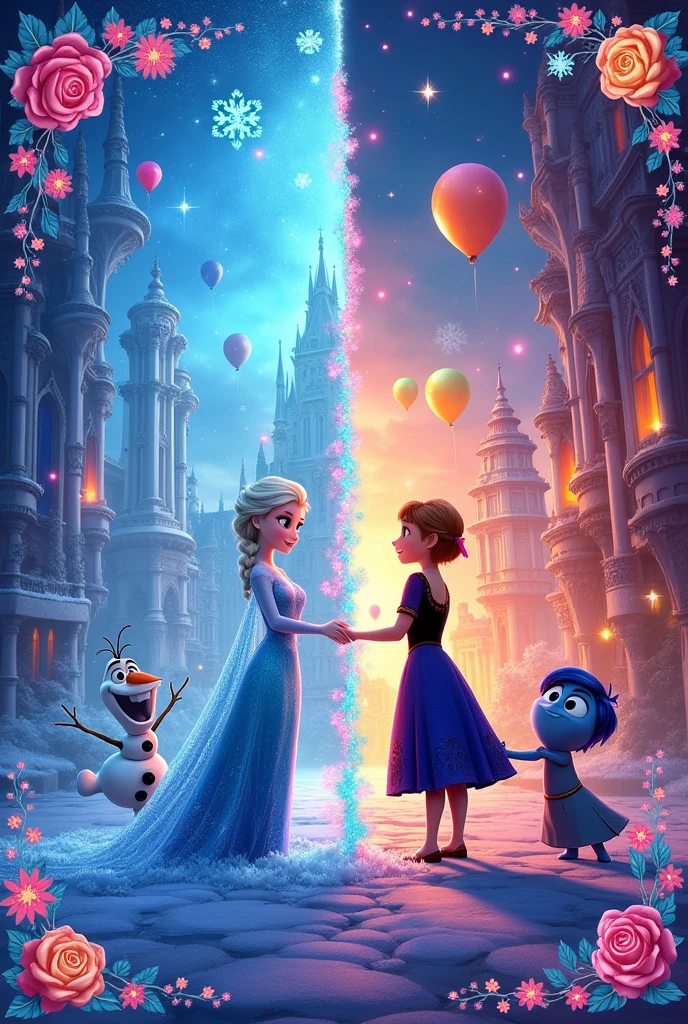 A digital birthday invitation with half the image of Frozen and the other half of Inside Out 2