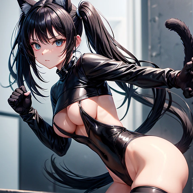 she is wearing black clothes, Exactly, High Cut Bodysuit.A woman boxing It has cat ears and a tail. Twin tails Open Finger Gloves