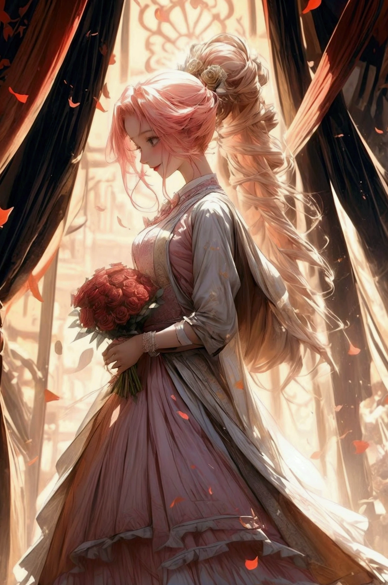 In the picture, there is a couple in a romantic pose.. The girl has long, curly pink hair, and is wearing a pink and white dress with light green and blue decorations.. The girl looks happy and smiling, holding the handcuffs in her hand.. The man next to her has blond hair and is wearing a white suit with gold detailing and a purple tie.. He is holding a bouquet of red roses and looks more serious.. In the background, there is an open window looking out at the blue sky, and many roses and decorations surrounding them.. In addition, there is a sticker. "Desirable" A man-like figure, stuck in the air..