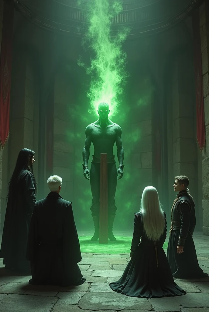  make 4 students kneel , He will be a tall man with long black samurai-style hair, a man with short, combed white hair , a white haired woman, and a green humanoid being with a green aura , green fire hairless , everyone with medieval student style clothing in black and white, receiving a red crystal 
